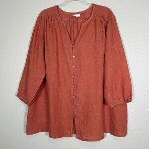 J. Jill Purejill plus size 2X tunic top 100% linen orange 3/4 sleeve button up